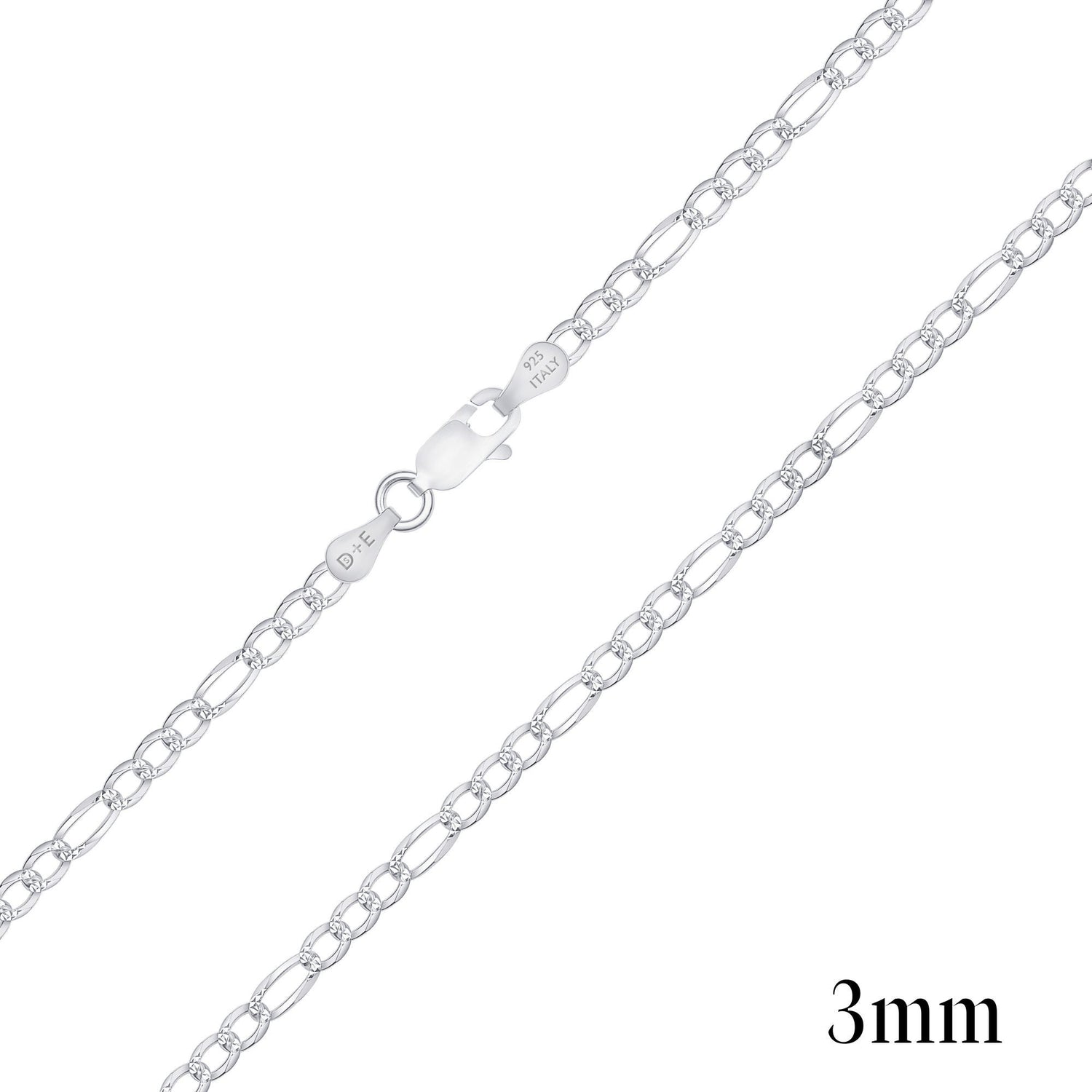 925 Sterling Silver Pavé 3mm Figaro Chain