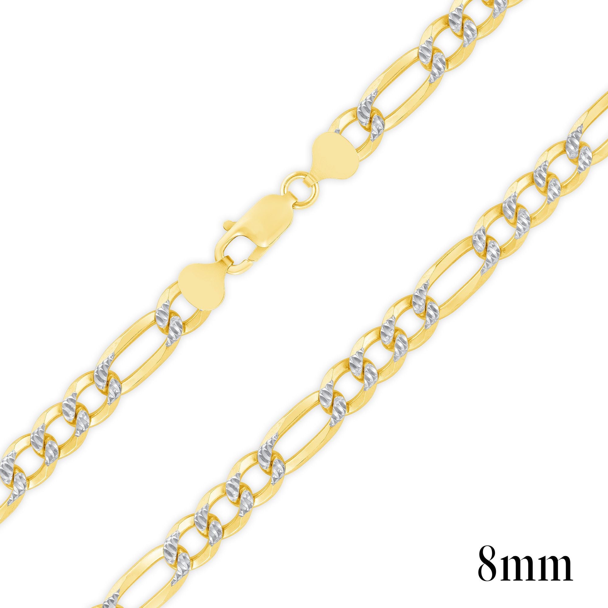 925 Sterling Silver Gold Plated Two-Tone Pavé 8mm Figaro Chain