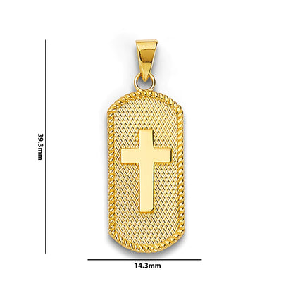 Yellow Gold Cross Rope Bordered Textured Dog Tag Pendant with Measurement