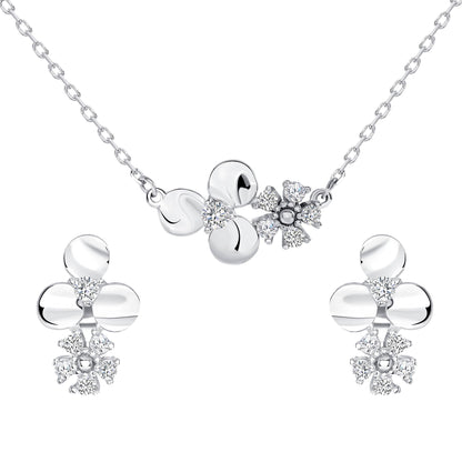 925 Sterling Silver Double Flower with CZ &amp; Milgrain Accents Pendant &amp; Earrings Jewelry Set