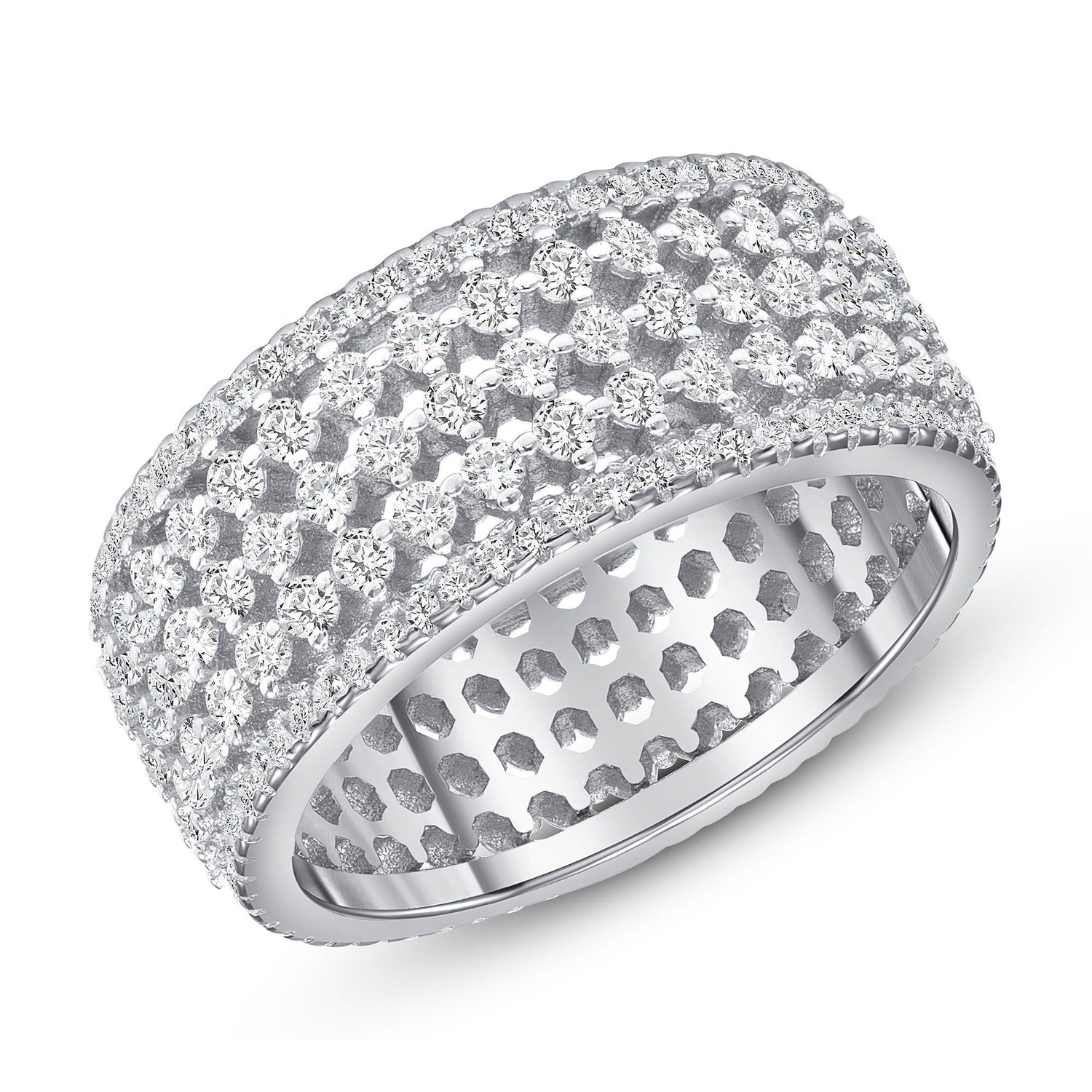 925 Sterling Silver 5 Row Pavé Round CZ Fashion Ring