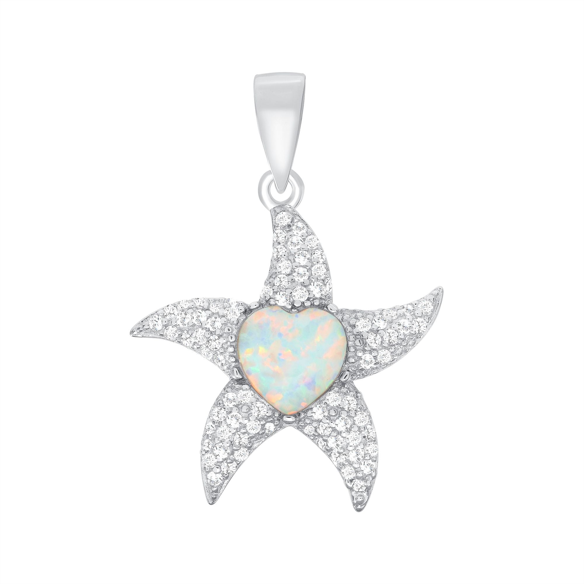 925 Sterling Silver Heart Cut Opal &amp; CZ Studded Starfish Pendant