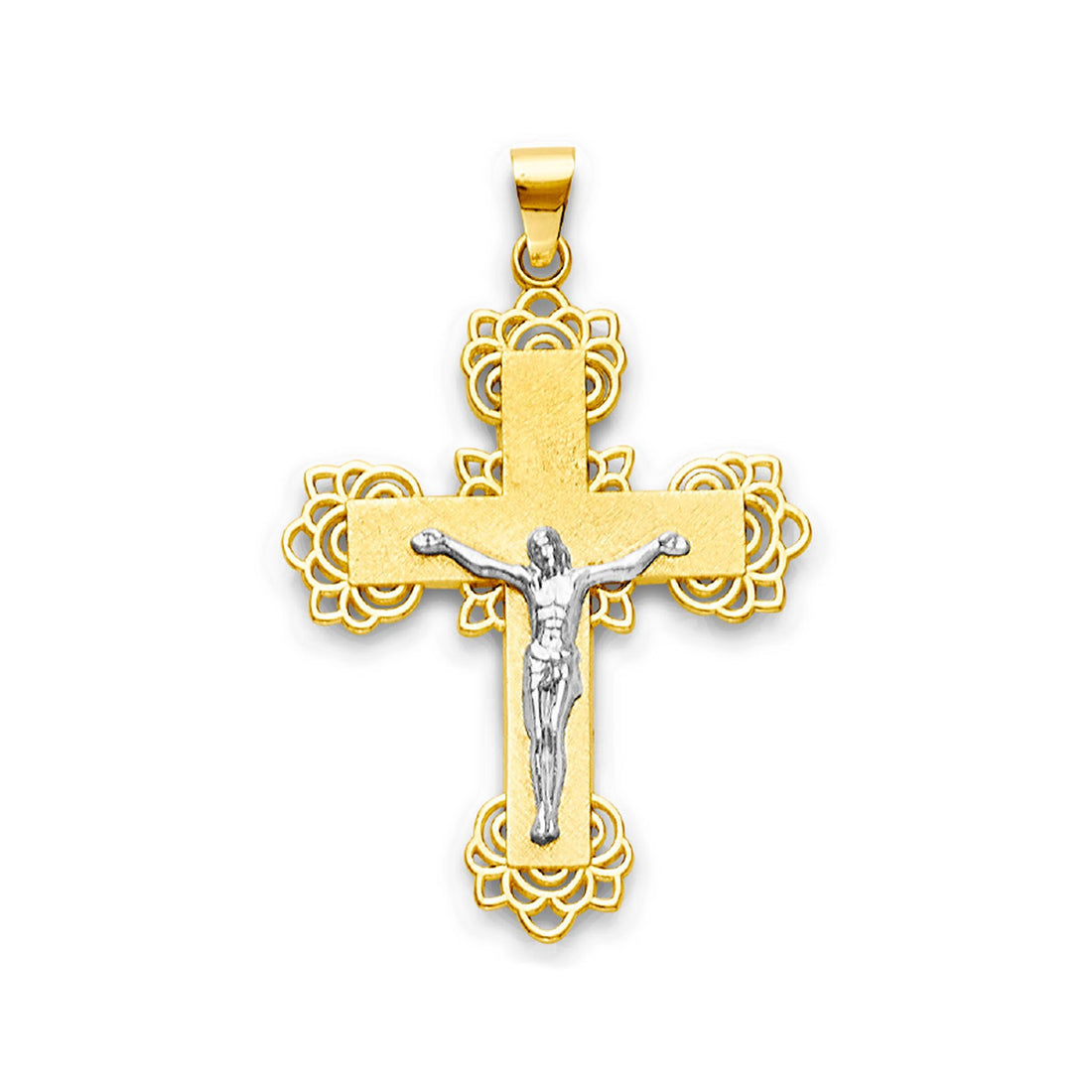 Two Tone Gold Filigree Accented Crucifix Cross Pendant