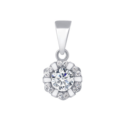 925 Sterling Silver Round Cut White CZ with CZ &amp; Metal Lines Hexagonal Halo Pendant &amp; Stud Earrings Jewelry Set
