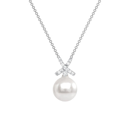 925 Sterling Silver Pearl with Round Cut CZ Accents XO Pendant &amp; Stud Earrings Jewelry Set