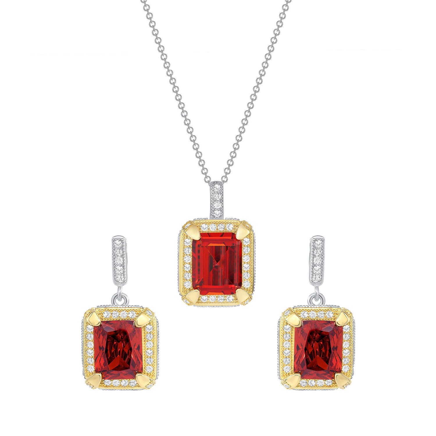 925 Sterling Silver Rectangular Cut Red CZ with Round Cut White CZ Halo &amp; Milgrain Border Two Tone Pendant &amp; Stud Earrings Jewelry Set
