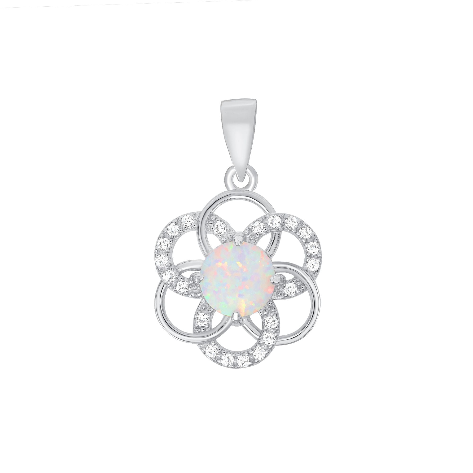 925 Sterling Silver Round Cut Opal &amp; CZ Accented Flower Pendant