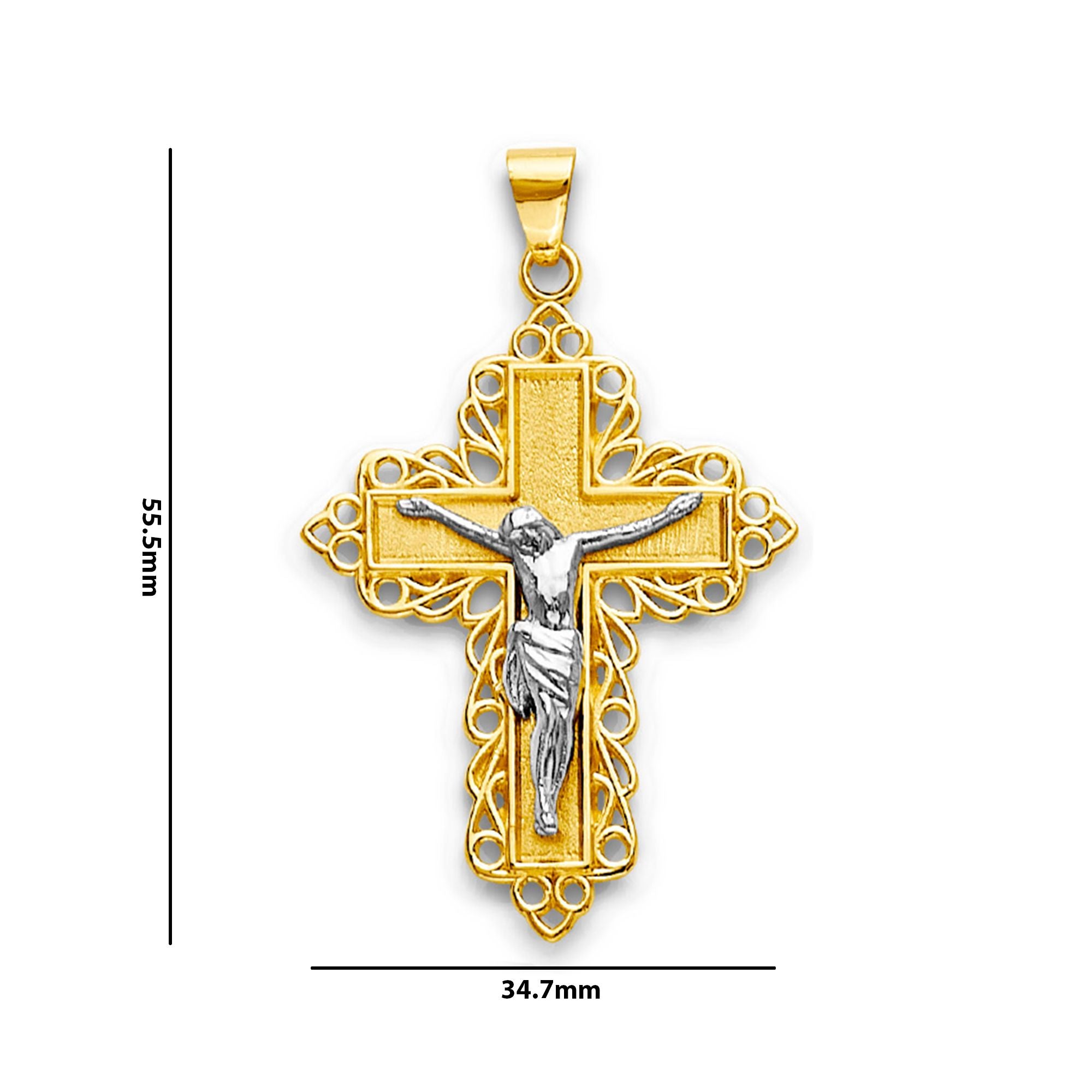 Two Tone Gold Filigree Border Crucifix Cross Pendant with Measurement