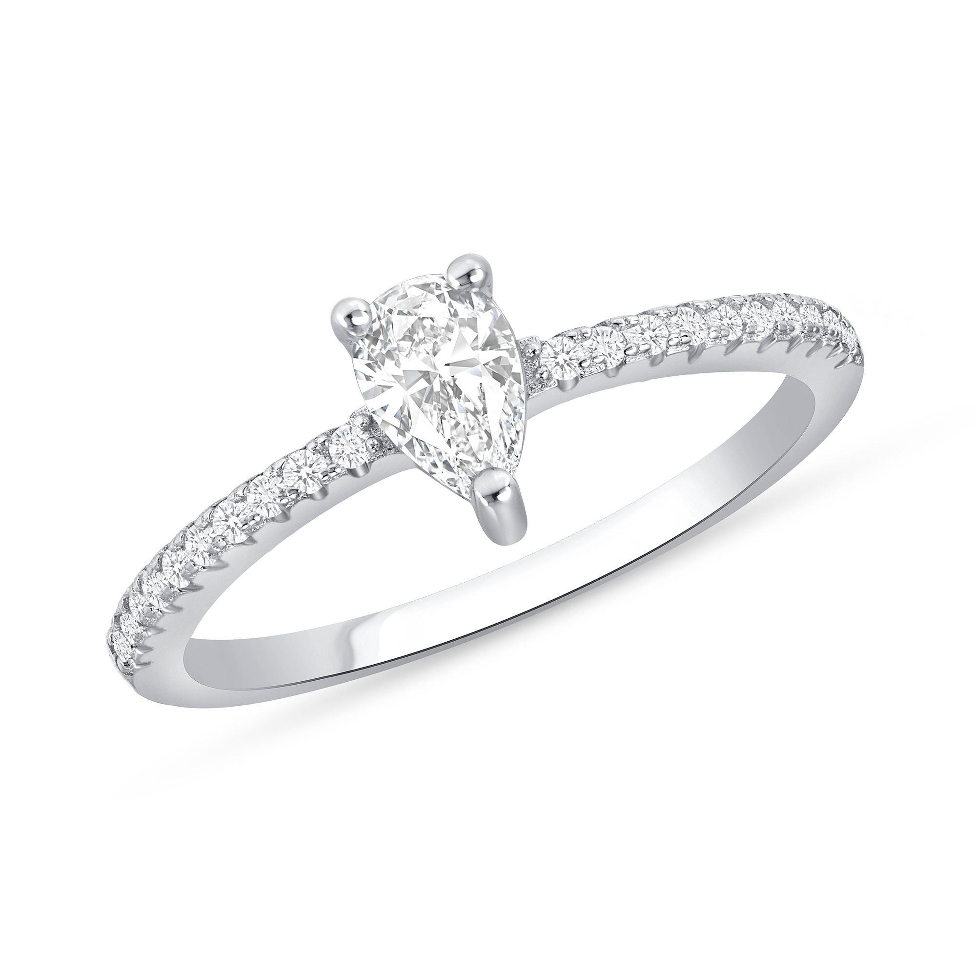925 Sterling Silver Pear CZ &amp; Pavé Band Engagement Ring