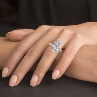 925 Sterling Silver CZ Double Turtle Open Fashion Ring