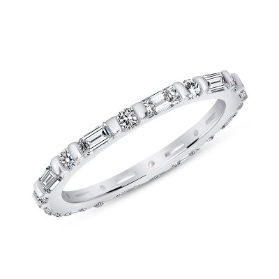 925 Sterling Silver Alternate Round &amp; Colored Baguette CZ Eternity Band