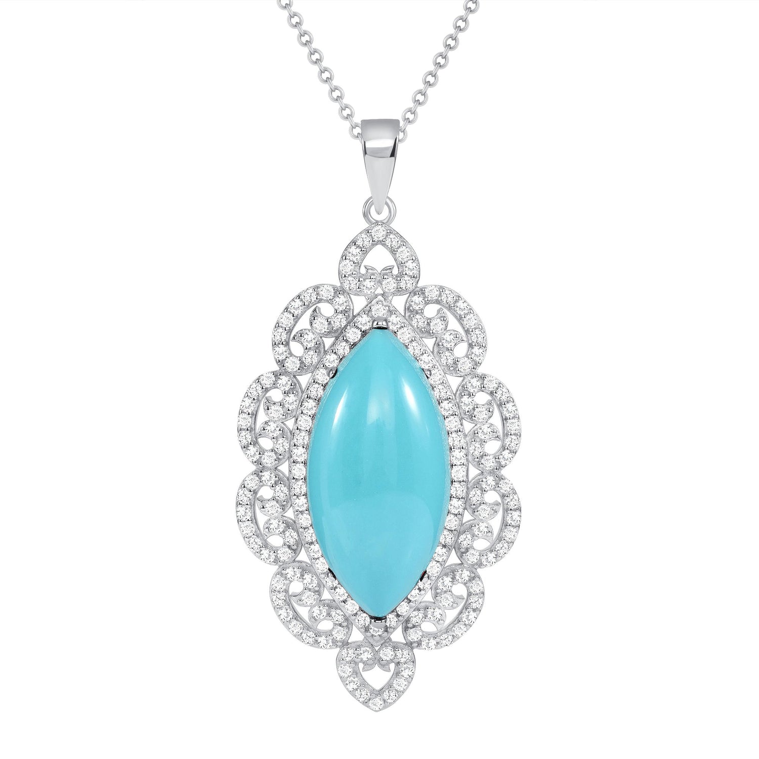 925 Sterling Silver Marquise Cut Turquoise &amp; Pavé CZ Vintage Halo Teardrop Pendant &amp; Earrings Jewelry Set