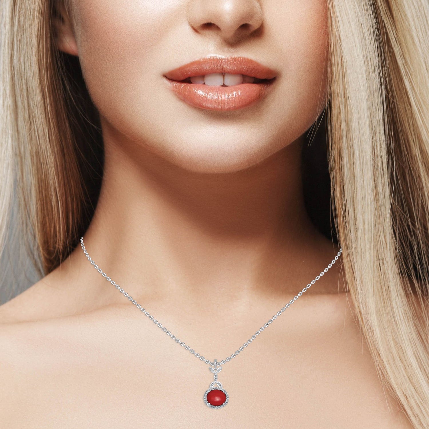 925 Sterling Silver Oval Cut Coral with Halo &amp; CZ Accents Pendant