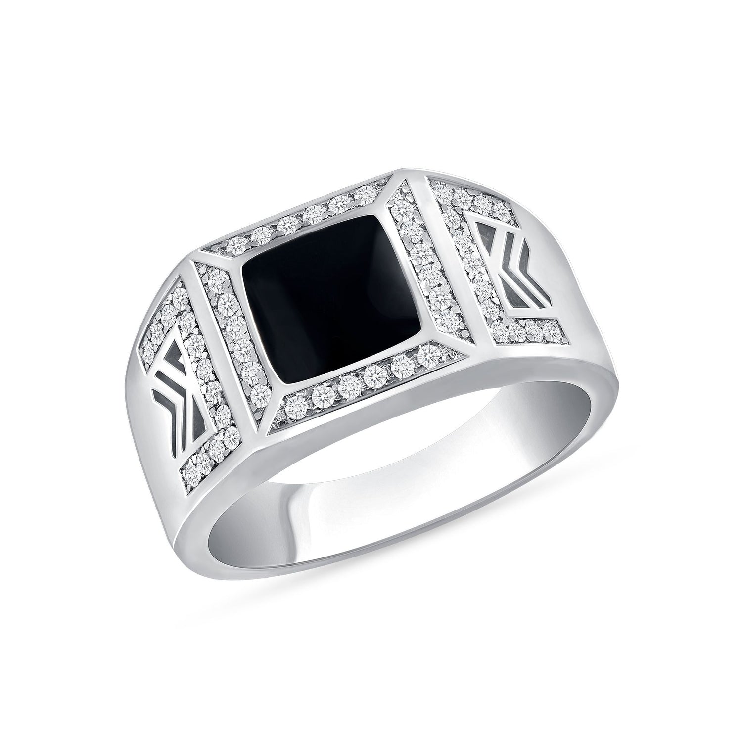 925 Sterling Silver Square Onyx with CZ Halo &amp; Accents Men&