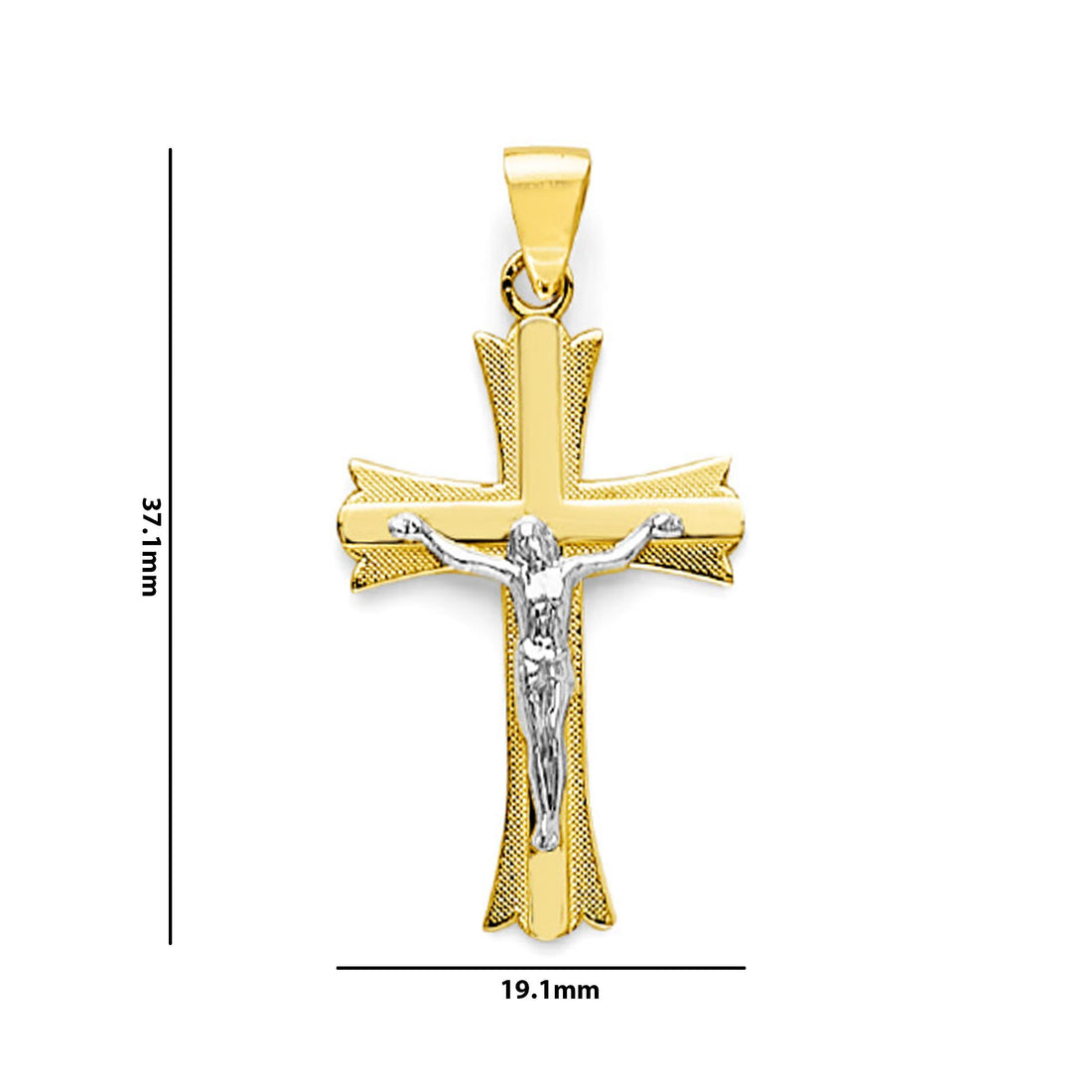 Two Tone Gold Smooth &amp; Textured Patonce Crucifix Double Cross Pendant with Measurement