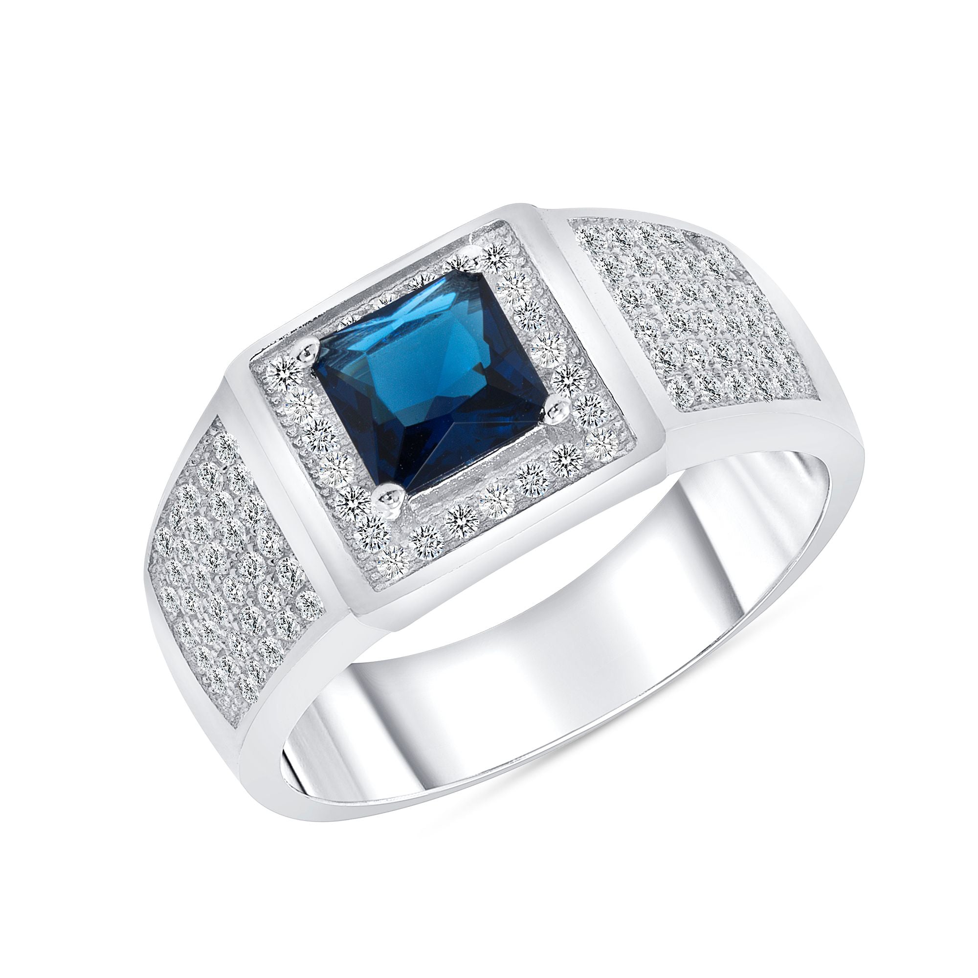 925 Sterling Silver Square Cut Blue CZ with Halo &amp; Pavé Band Men&