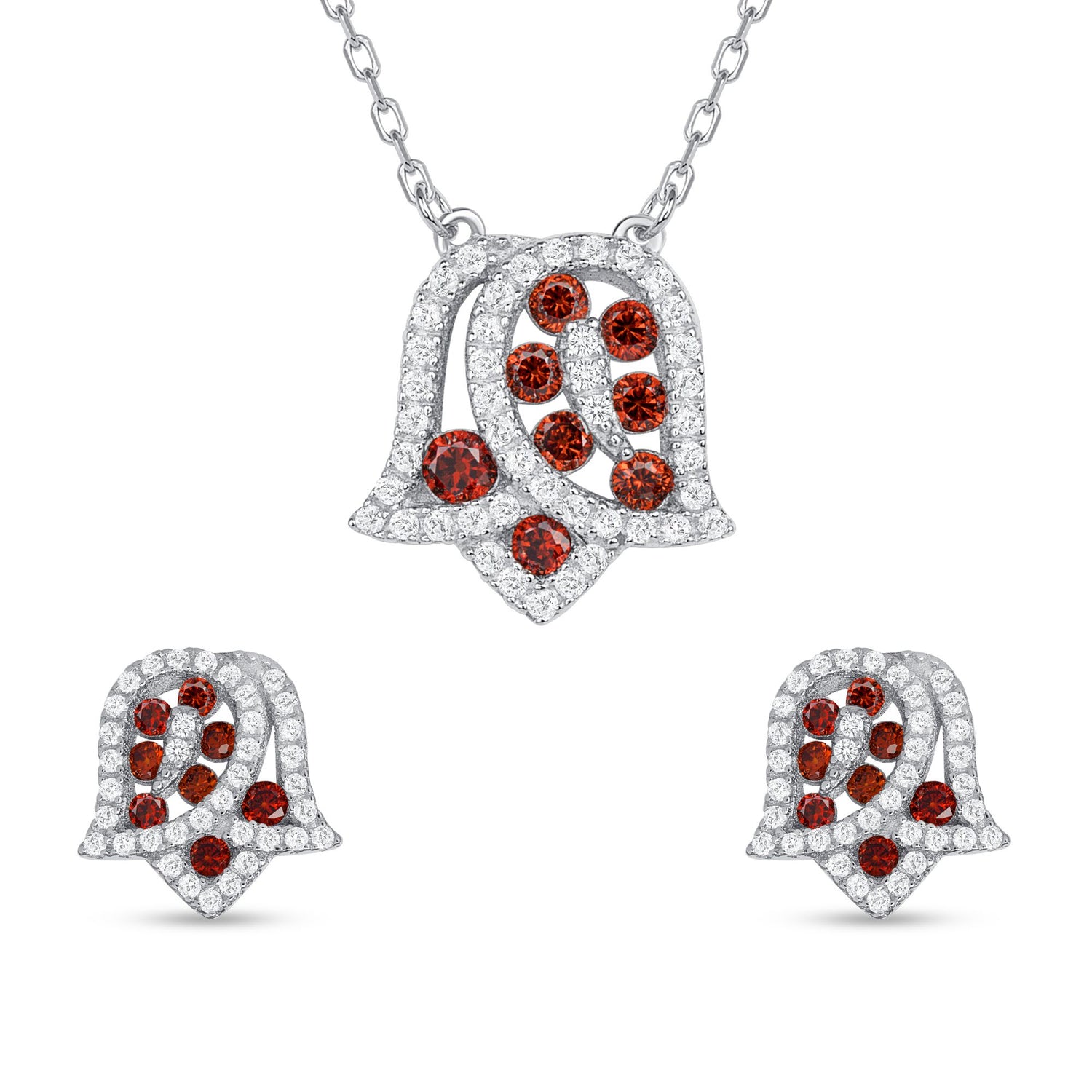 925 Sterling Silver Round Cut Red &amp; White CZ Flower Pendant &amp; Stud Earrings Jewelry Set