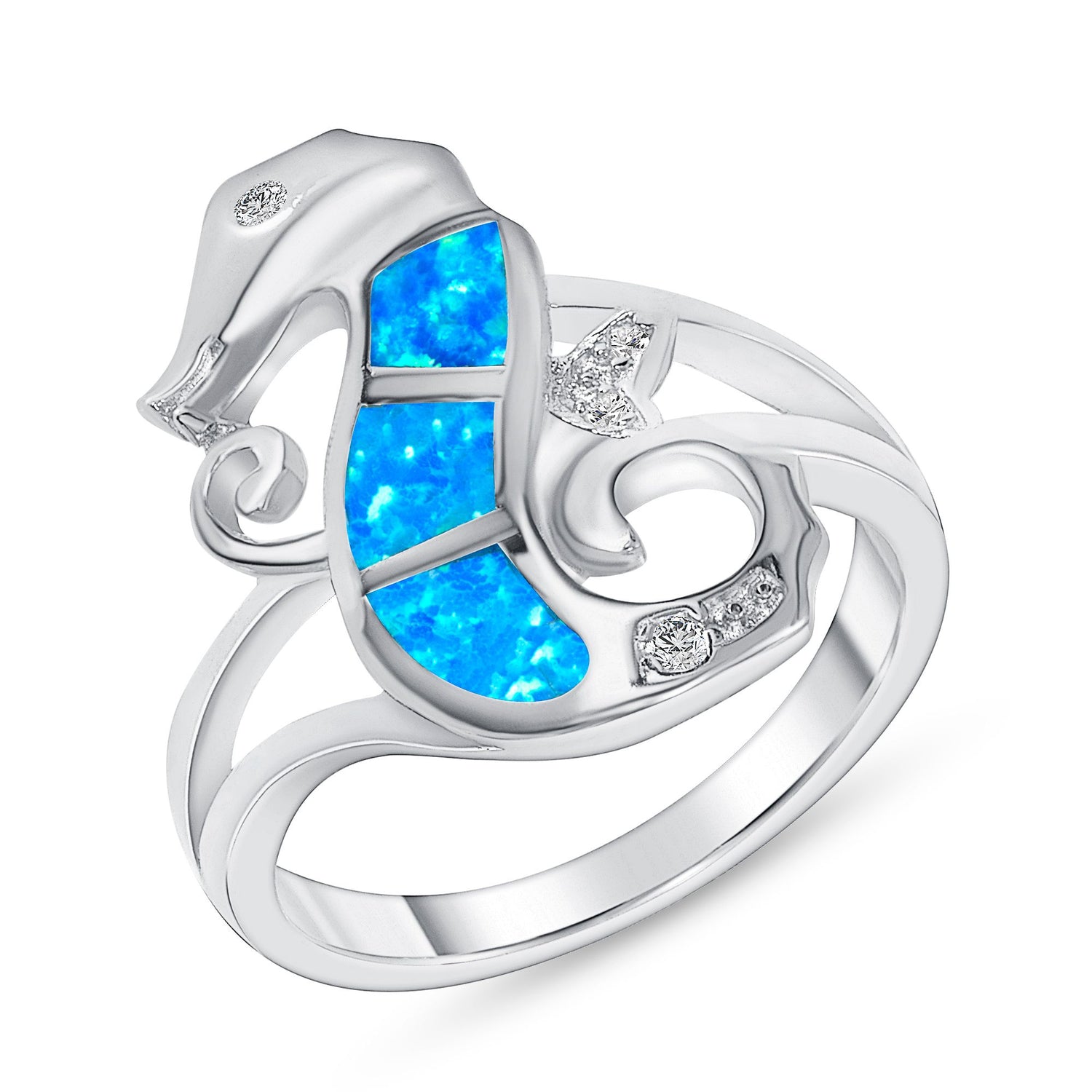 925 Sterling Silver Blue Opal CZ Seahorse Fashion Ring