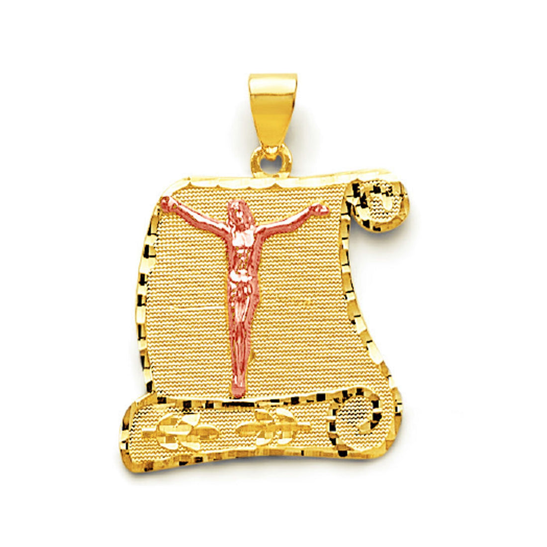 Two Tone Gold Diamond Cut Edges Wavey Textured Crucifix Scroll Pendant