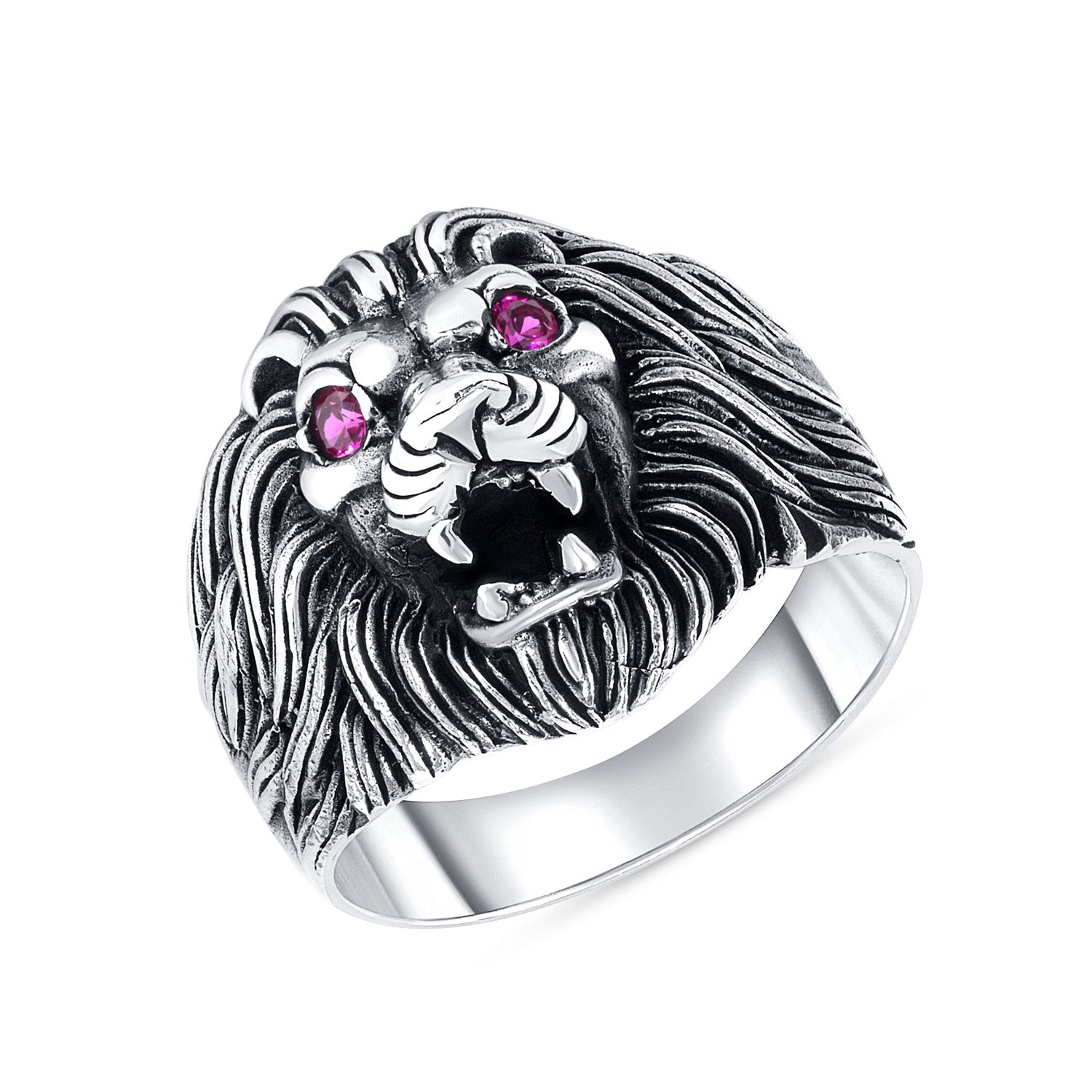 Oxidized 925 Sterling Silver Lion with Pink CZ Eyes Men&