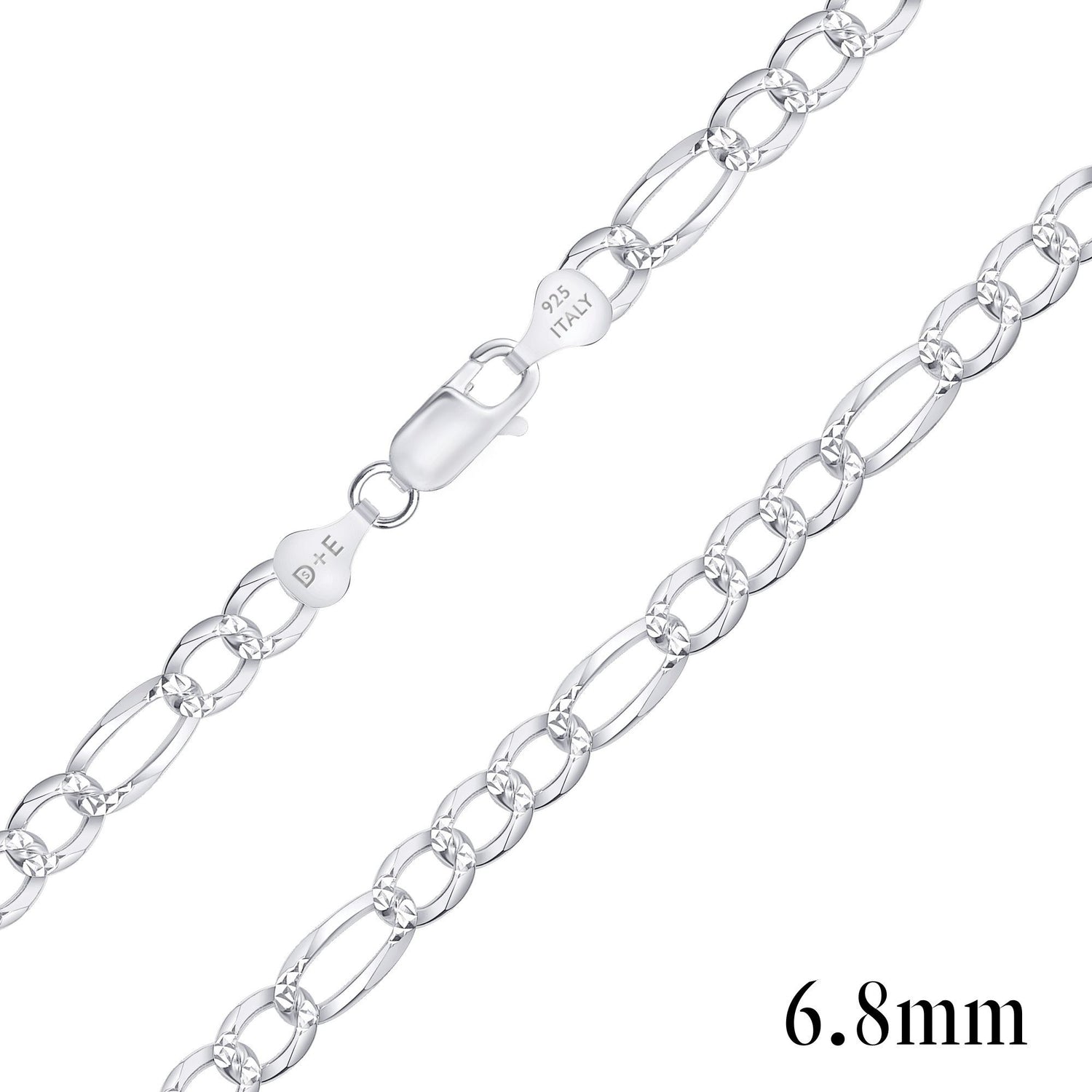 925 Sterling Silver Pavé 6.8mm Figaro Chain