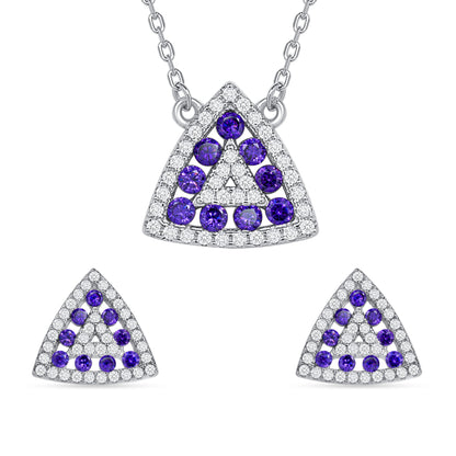 925 Sterling Silver Round Cut Purple &amp; White CZ Alternating Rows Triangle Pendant &amp; Stud Earrings Jewelry Set
