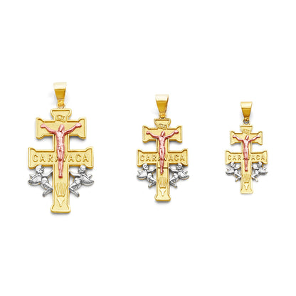 Tri Tone Gold INRI Caravaca Angels &amp; Crucifix Cross Pendant