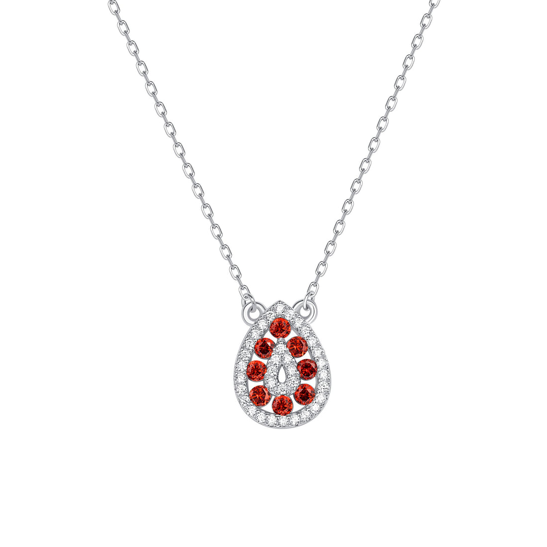 925 Sterling Silver Round Cut Red &amp; White CZ Alternating Rows Teardrop Pendant &amp; Earrings Jewelry Set