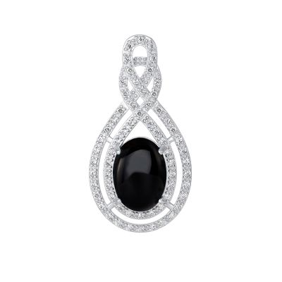 925 Sterling Silver Oval Onyx in Double Outline CZ &amp; Milgrain Teardrop Pendant