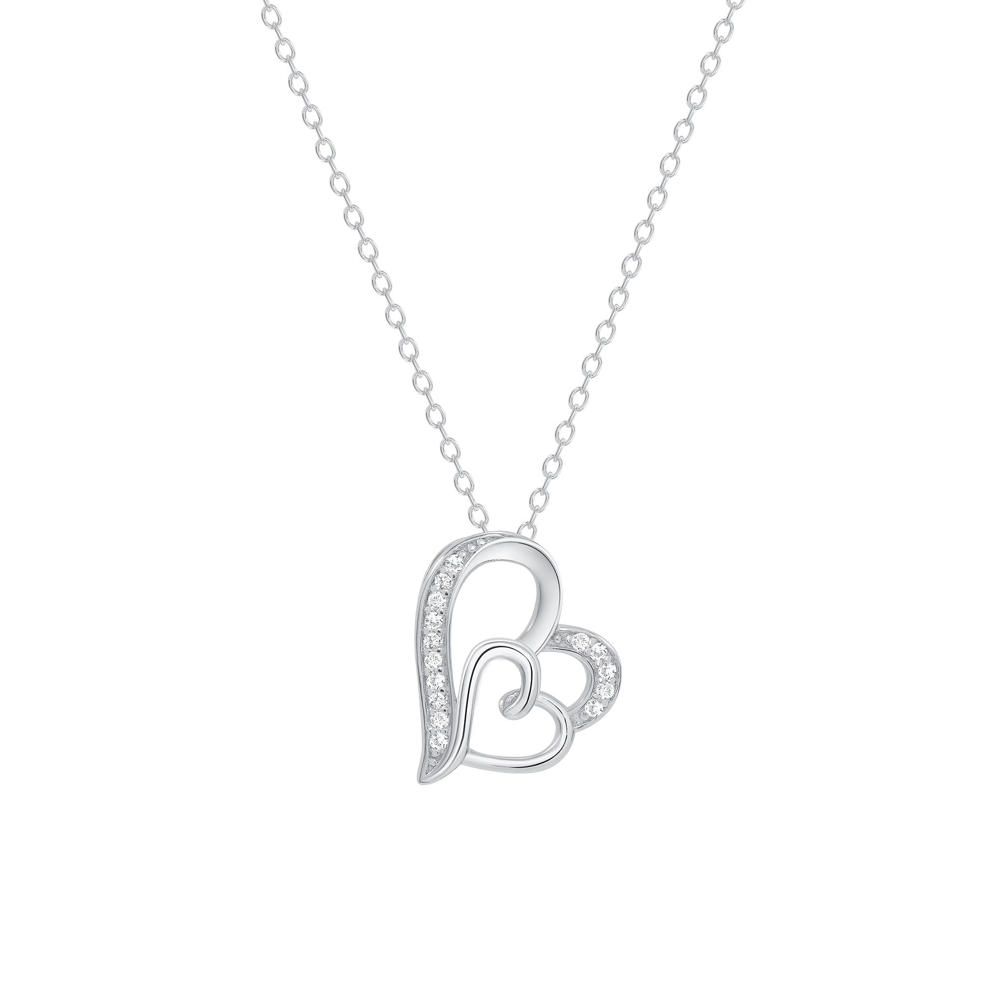 925 Sterling Silver Double Heart CZ Accented Pendant Necklace