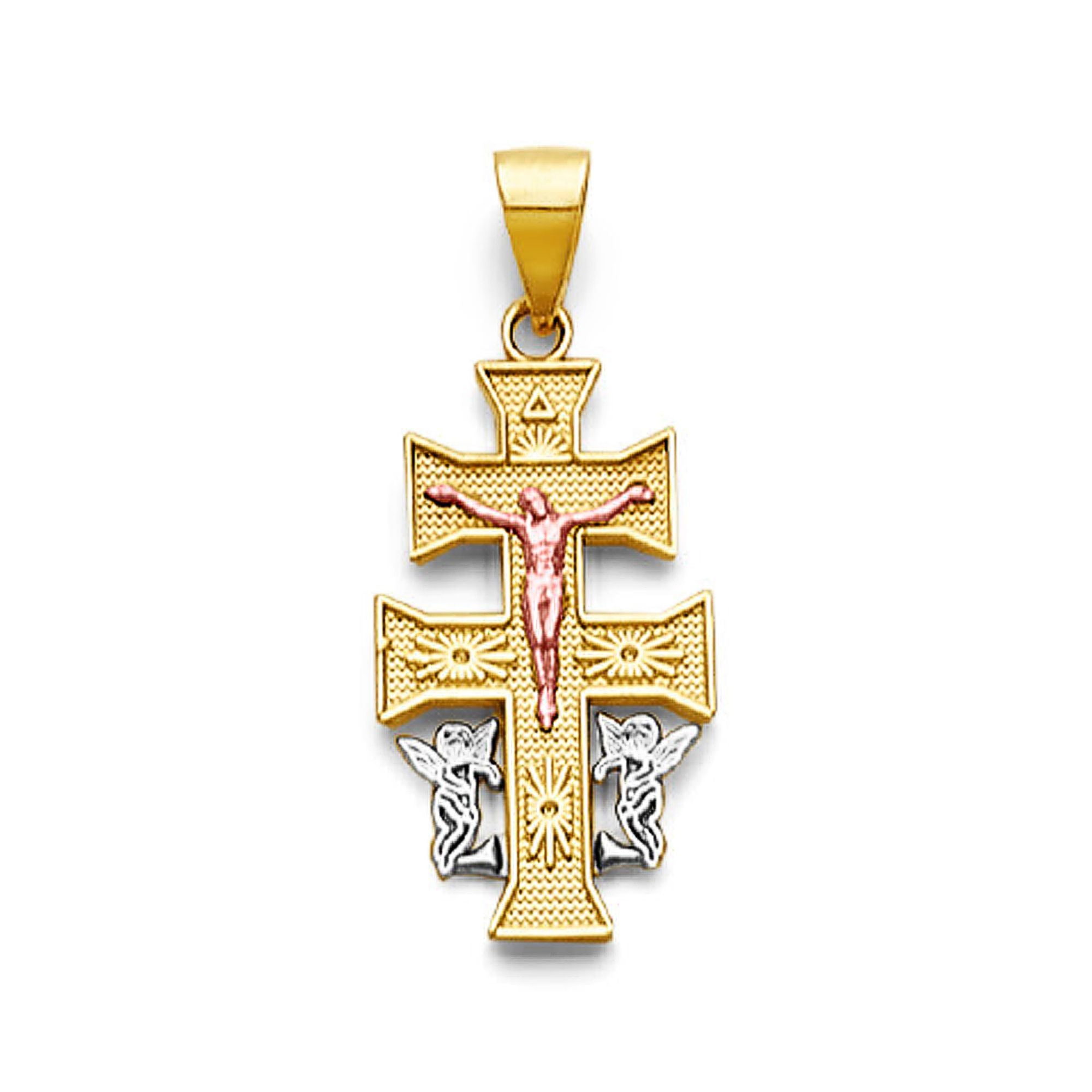 Tri Tone Gold Patriarchal Angels &amp; Crucifix Cross Pendant