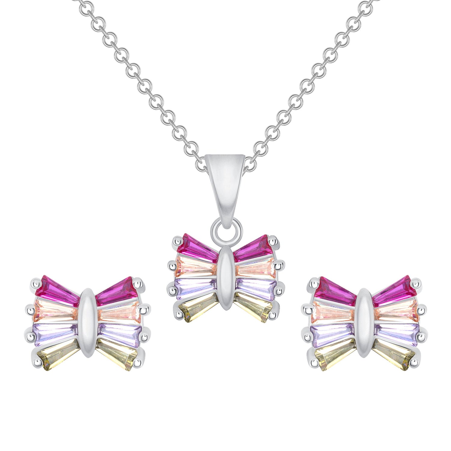 925 Sterling Silver Rectangular Cut Multicolor CZ Bow Pendant &amp; Stud Earrings Jewelry Set
