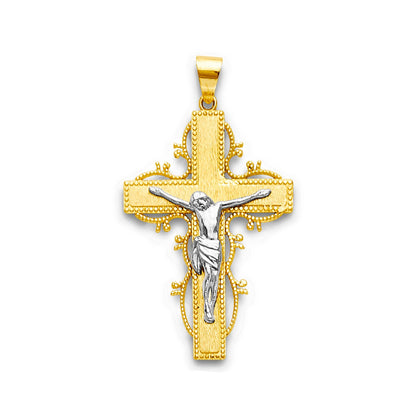 Two Tone Gold Milgrain Filigree Bordered Crucifix Cross Pendant