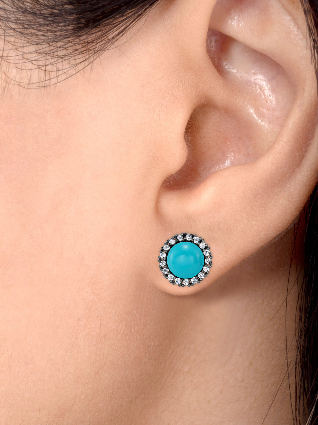 925 Sterling Silver Oxidized Round Turquoise Stud Earrings