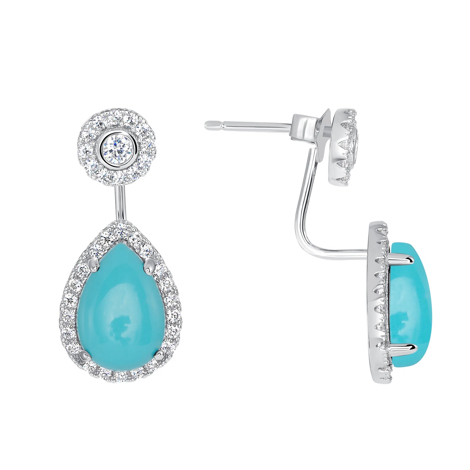 925 Sterling Silver Halo Pear Cut Gemstone and Round CZ Jacket Earrings