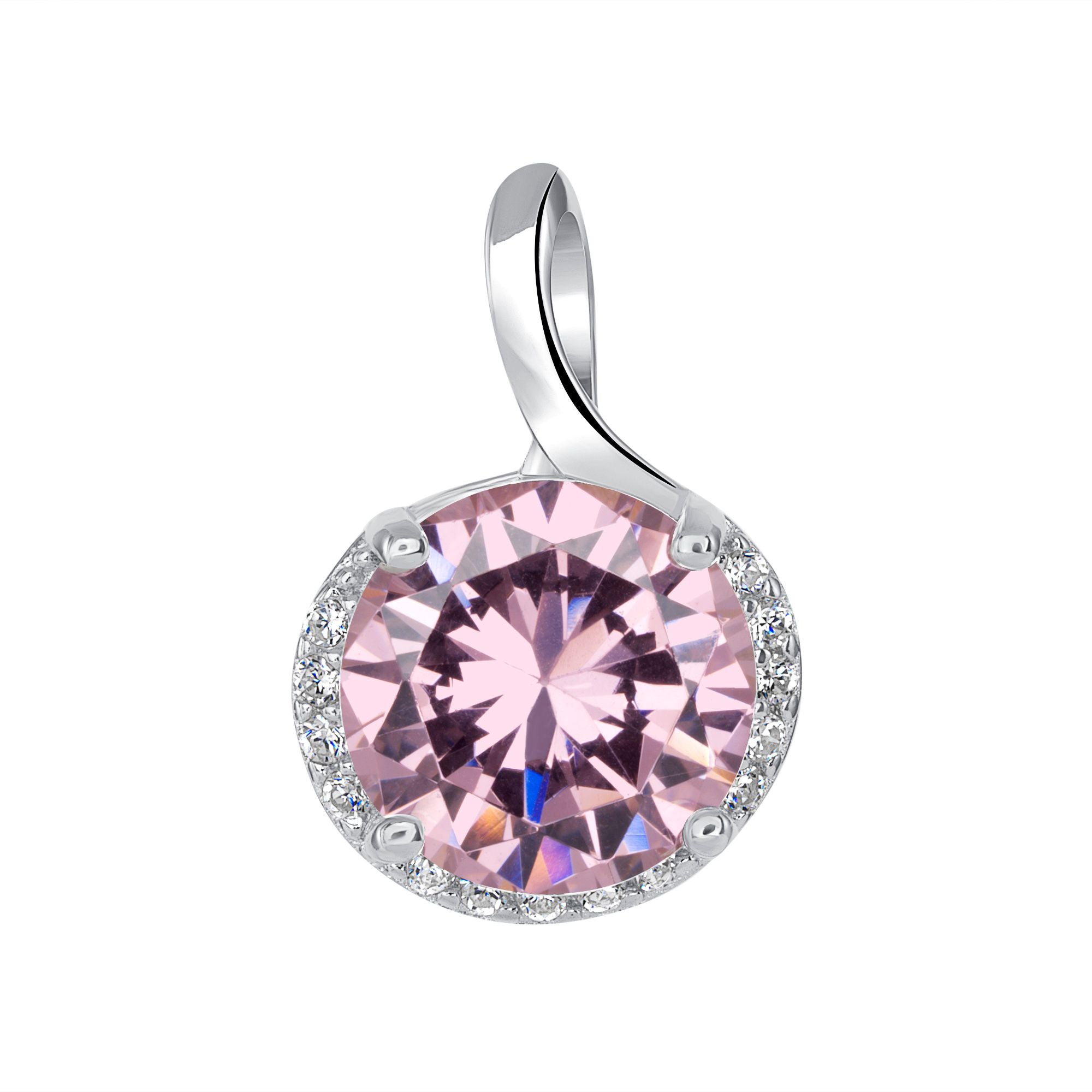 925 Sterling Silver Round Cut Pink CZ with Round Cut White CZ Partial Halo Pendant &amp; Stud Earrings Jewelry Set