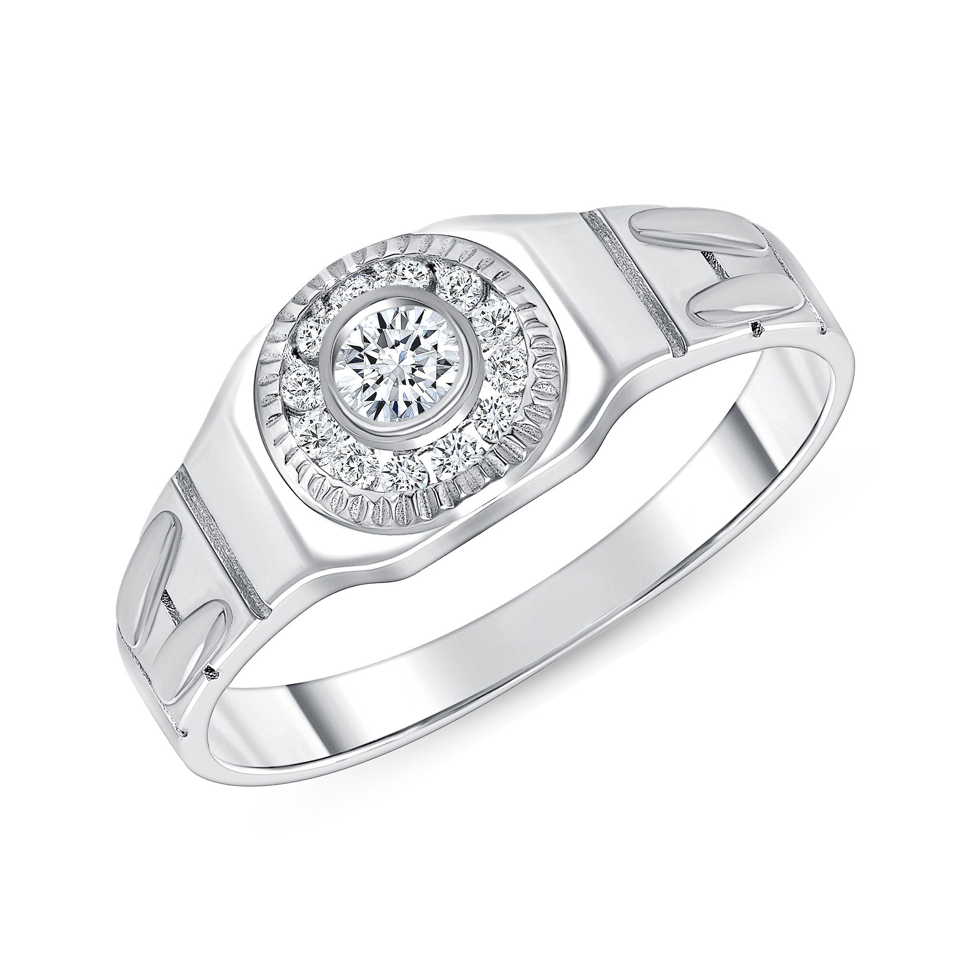 925 Sterling Silver Round Bezel Set CZ with Halo &amp; Ribbed Band Men&