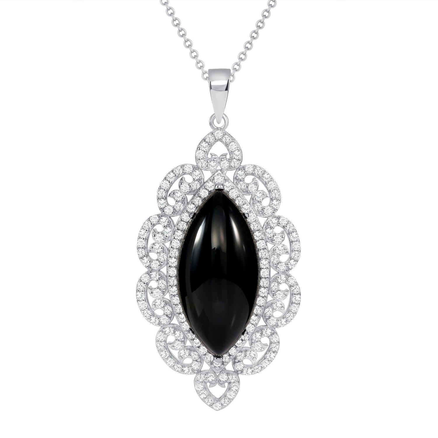 925 Sterling Silver Marquise Cut Black Onyx &amp; Pavé CZ Vintage Halo Teardrop Pendant &amp; Earrings Jewelry Set