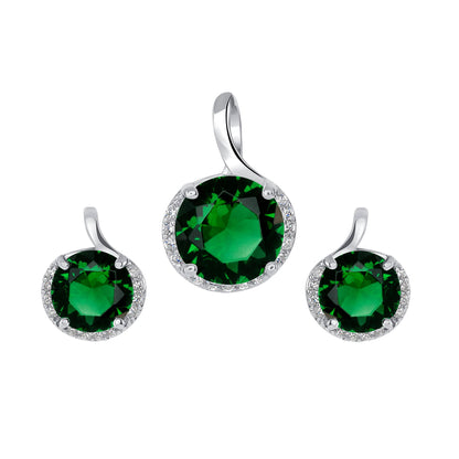 925 Sterling Silver Round Cut Green CZ with Round Cut White CZ Partial Halo Pendant &amp; Stud Earrings Jewelry Set
