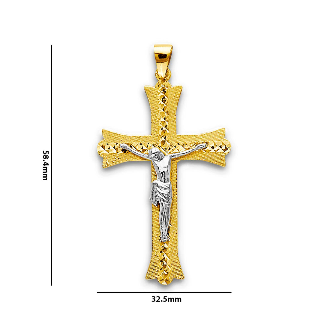 Two Tone Gold Diamond Cut Lined Patonce Crucifix Cross Pendant with Measurement