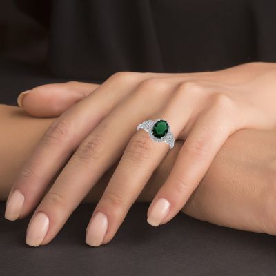 925 Sterling Silver CZ Halo and Oval Emerald Ring