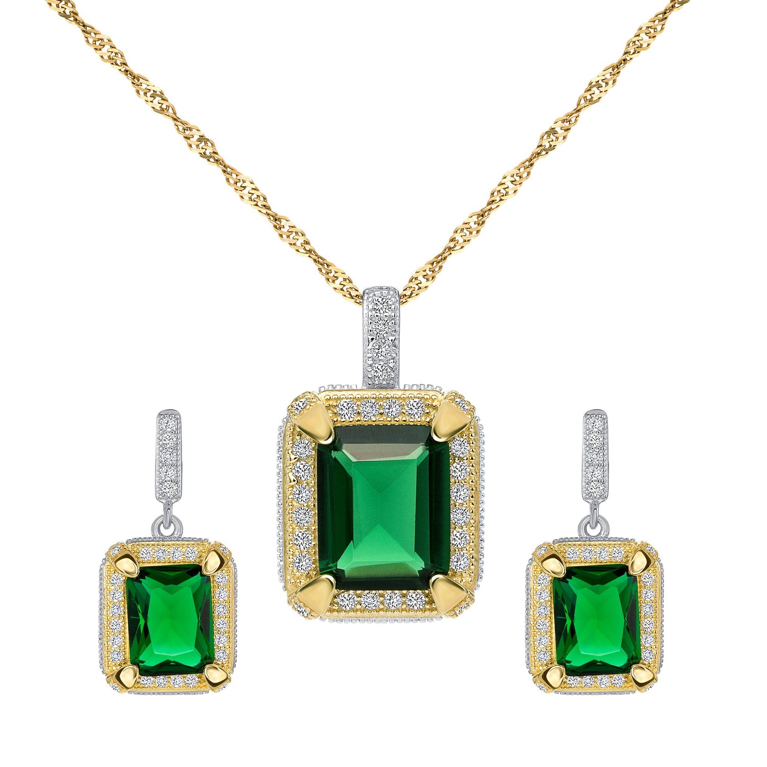 925 Sterling Silver Rectangular Cut Green CZ with Round Cut White CZ Halo &amp; Milgrain Border Two Tone Pendant &amp; Stud Earrings Jewelry Set