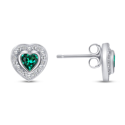 925 Sterling Silver Heart Cut Green CZ with Round Cut White CZ Halo Pendant &amp; Stud Earrings Jewelry Set