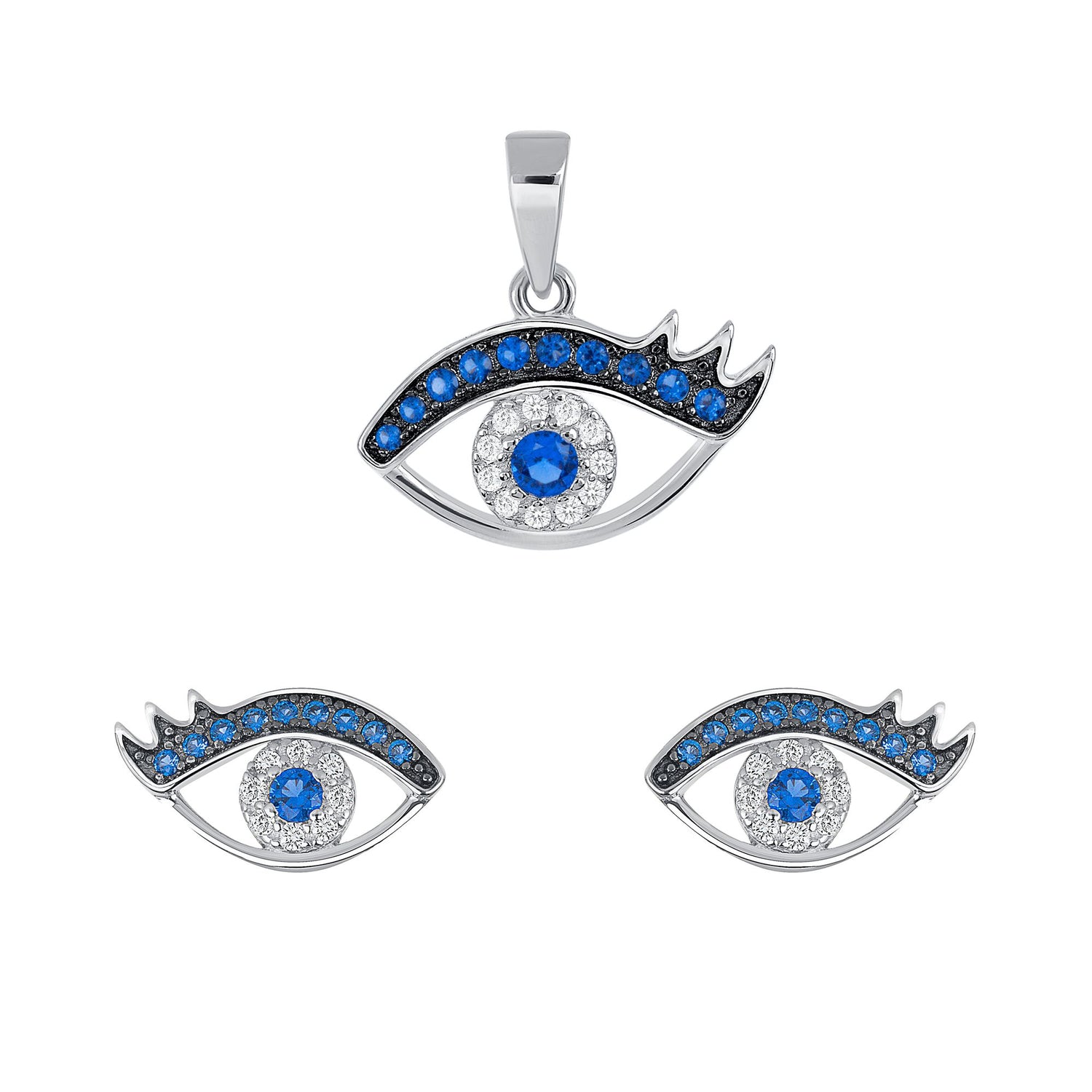 925 Sterling Silver Round Cut CZ Feminine Evil Eye Pendant &amp; Stud Earrings Jewelry Set