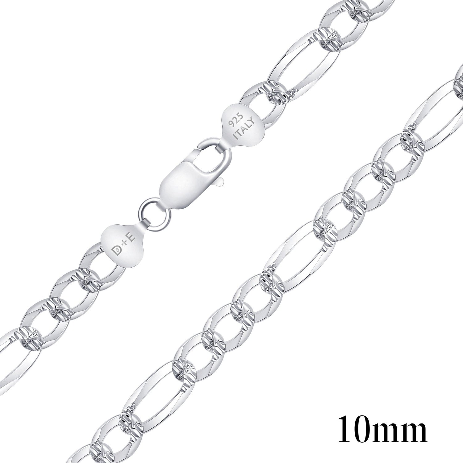 925 Sterling Silver Pavé 10mm Figaro Chain