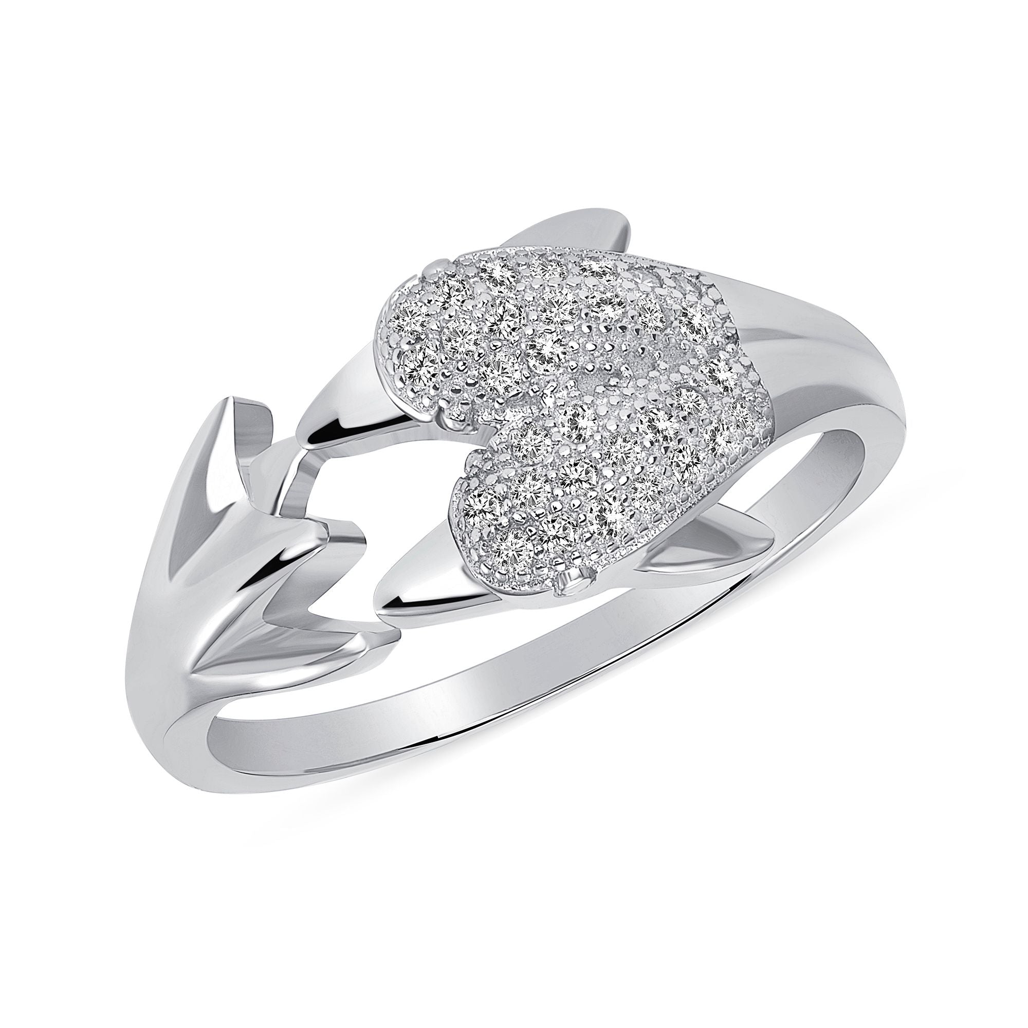 925 Sterling Silver Double Dolphin Pavé CZ Open Fashion Ring