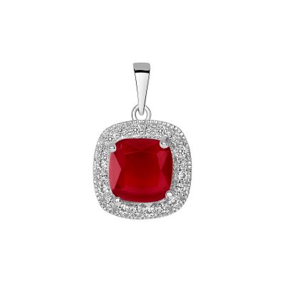 925 Sterling Silver Square Cut Red CZ with Round Cut CZ Pavé Halo Pendant &amp; Stud Earrings Jewelry Set