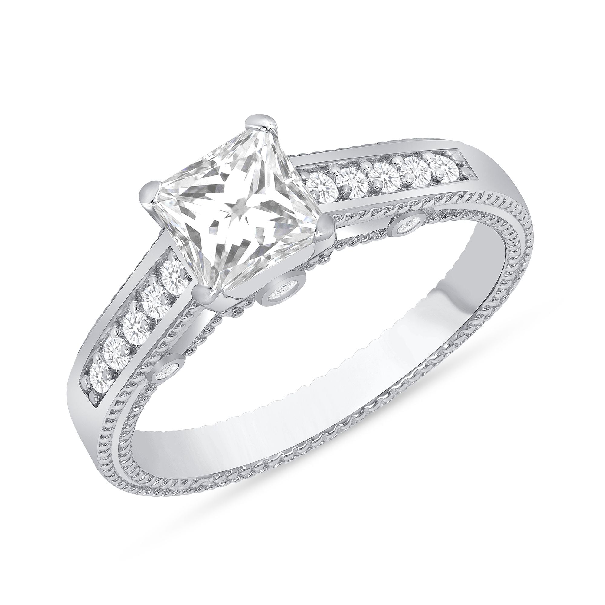 925 Sterling Silver Princess CZ with Channel Bead Band Setting &amp; Profile Milgrain Bezel Set Details Engagement Ring