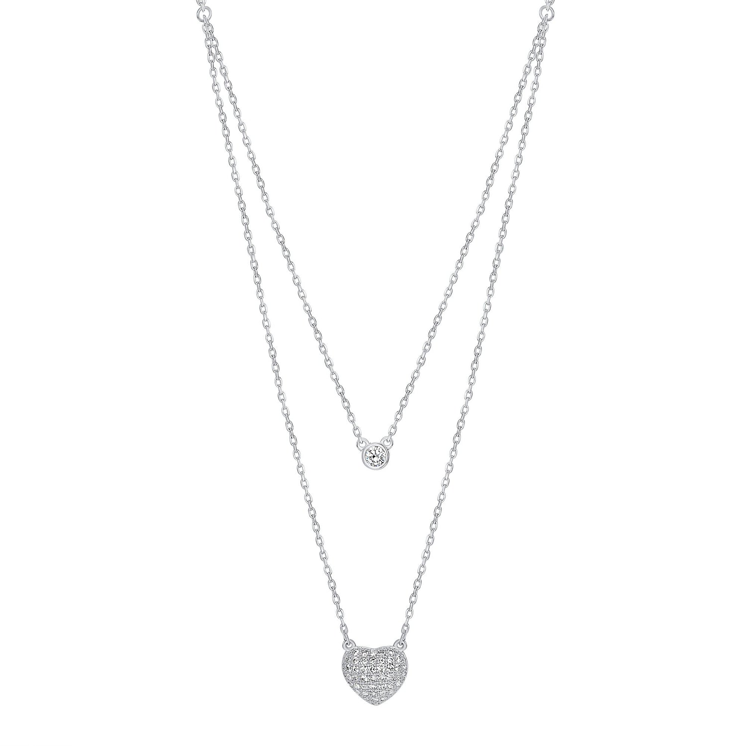 925 Sterling Silver Round Cut Bezel Set CZ &amp; Pavé CZ Heart Layered Necklace