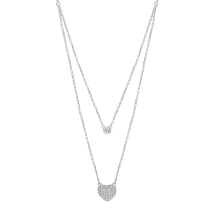 925 Sterling Silver Round Cut Bezel Set CZ &amp; Pavé CZ Heart Layered Necklace